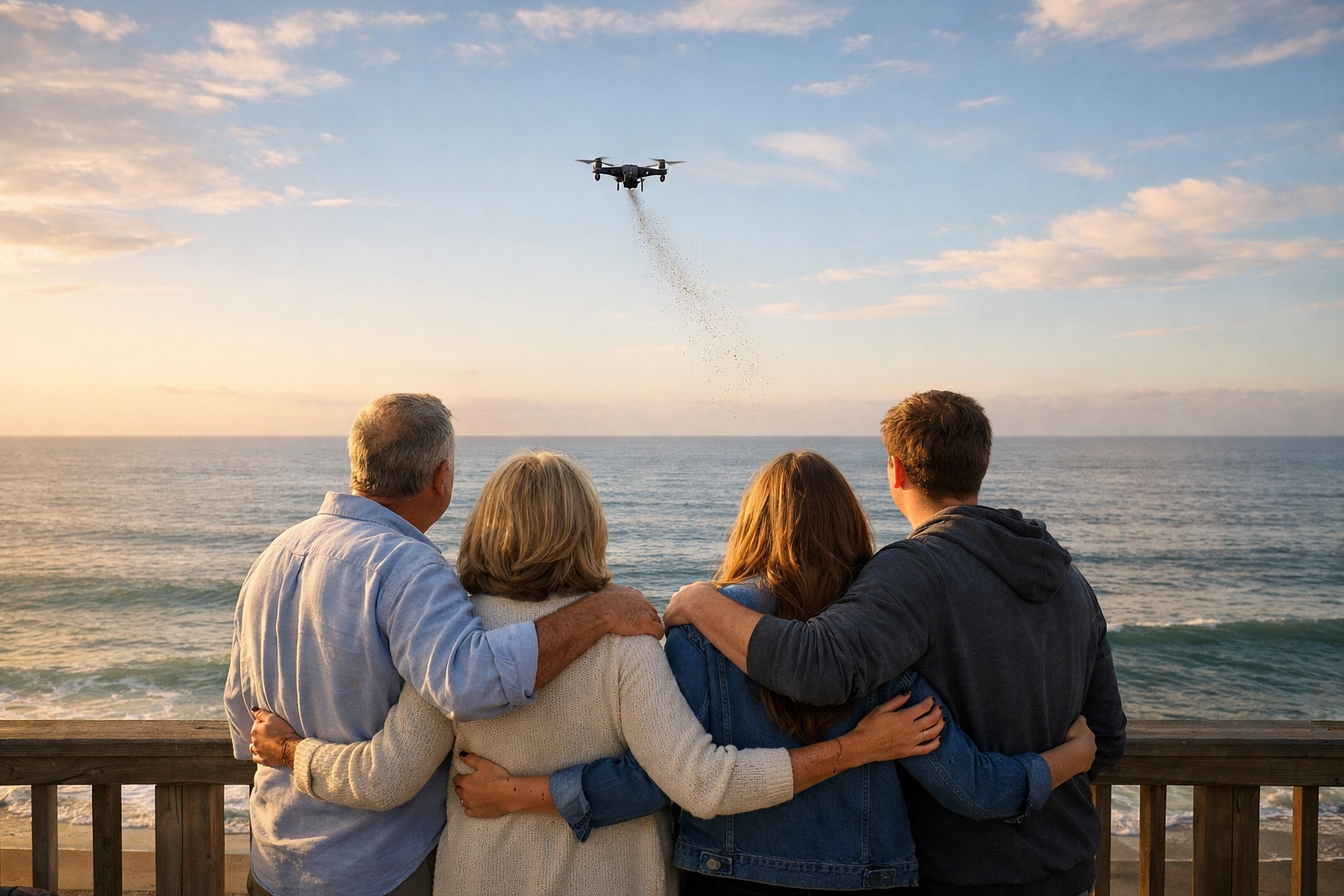 Family watching drone ash scattering ceremony over Atlantic Ocean from New Jersey shore