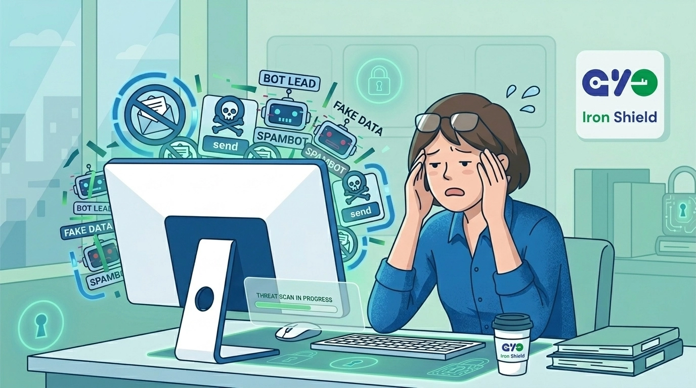 A vector illustration showing a business owner looking frustrated at a screen filled with spam symbols and fake lead icons, presented in Authyo’s clean blue-and-green visual style aligned with the official Iron Shield logo branding.