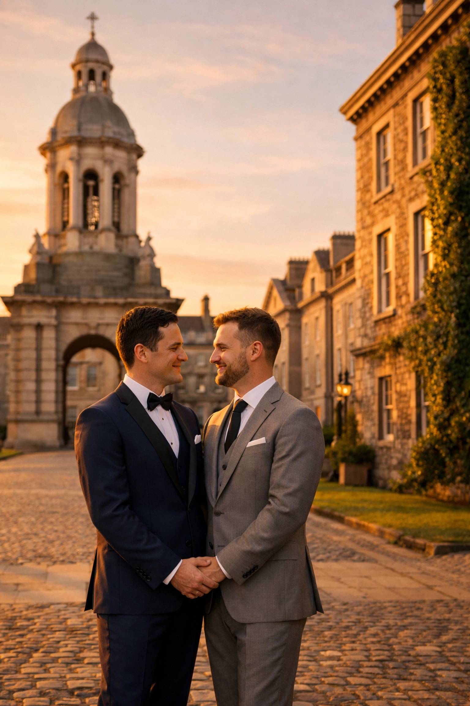 Two grooms celebrating their gay wedding at Trinity College Dublin's historic courtyard