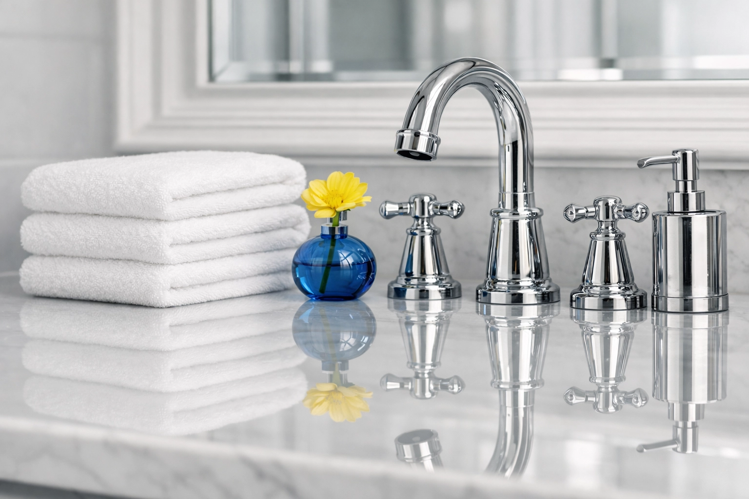 Detailed professional cleaning service in Hingham showcasing a polished luxury bathroom vanity and perfectly folded towels.