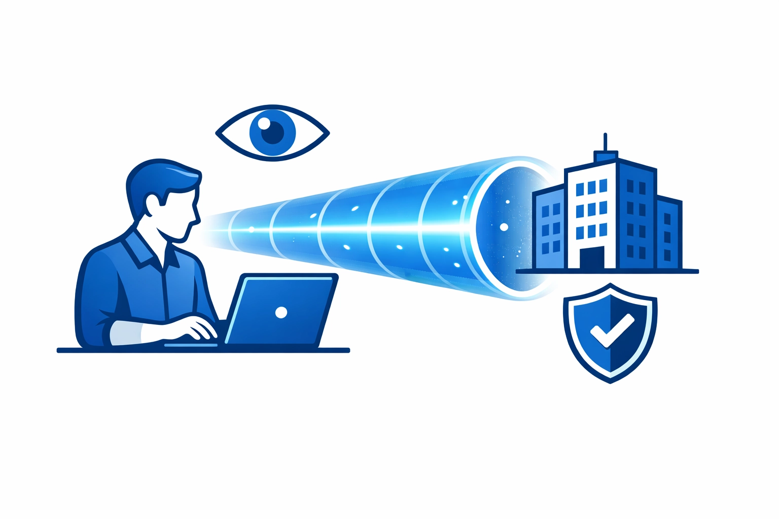 Remote worker using a secure VPN tunnel to safely connect to a corporate network from a laptop.