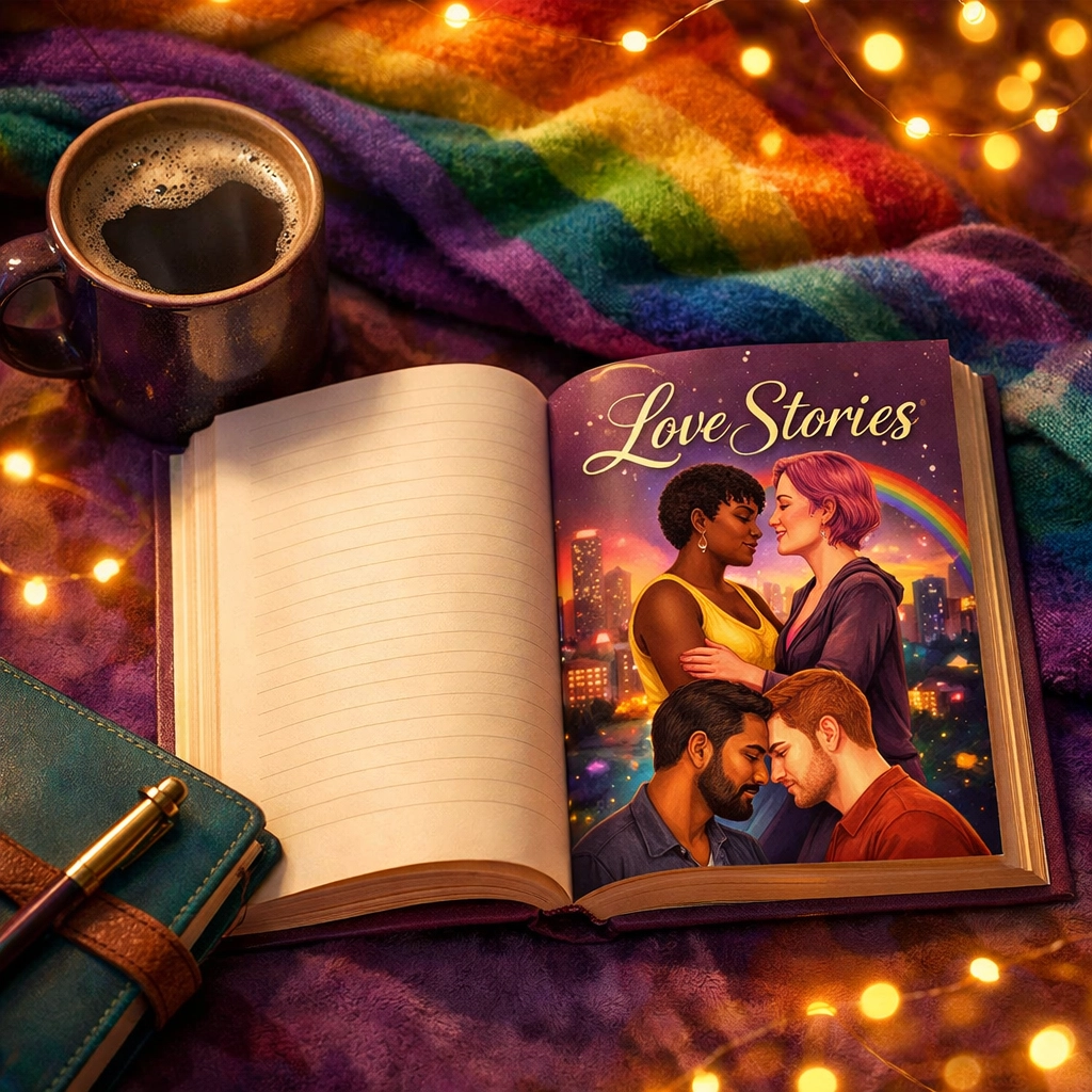 Gay romance novel with rainbow blanket and coffee representing LGBTQ+ literary representation