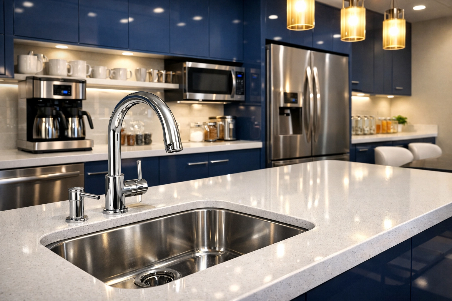 Sanitized office kitchenette in Bedford featuring spotless countertops and high-end commercial cleaning results.