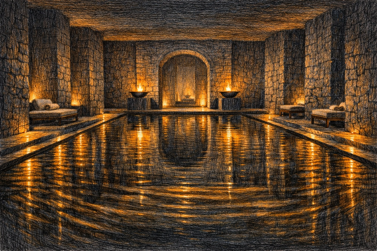 Serene luxury spa design with a reflection pool and basalt stone, reflecting boutique hotel interior design.