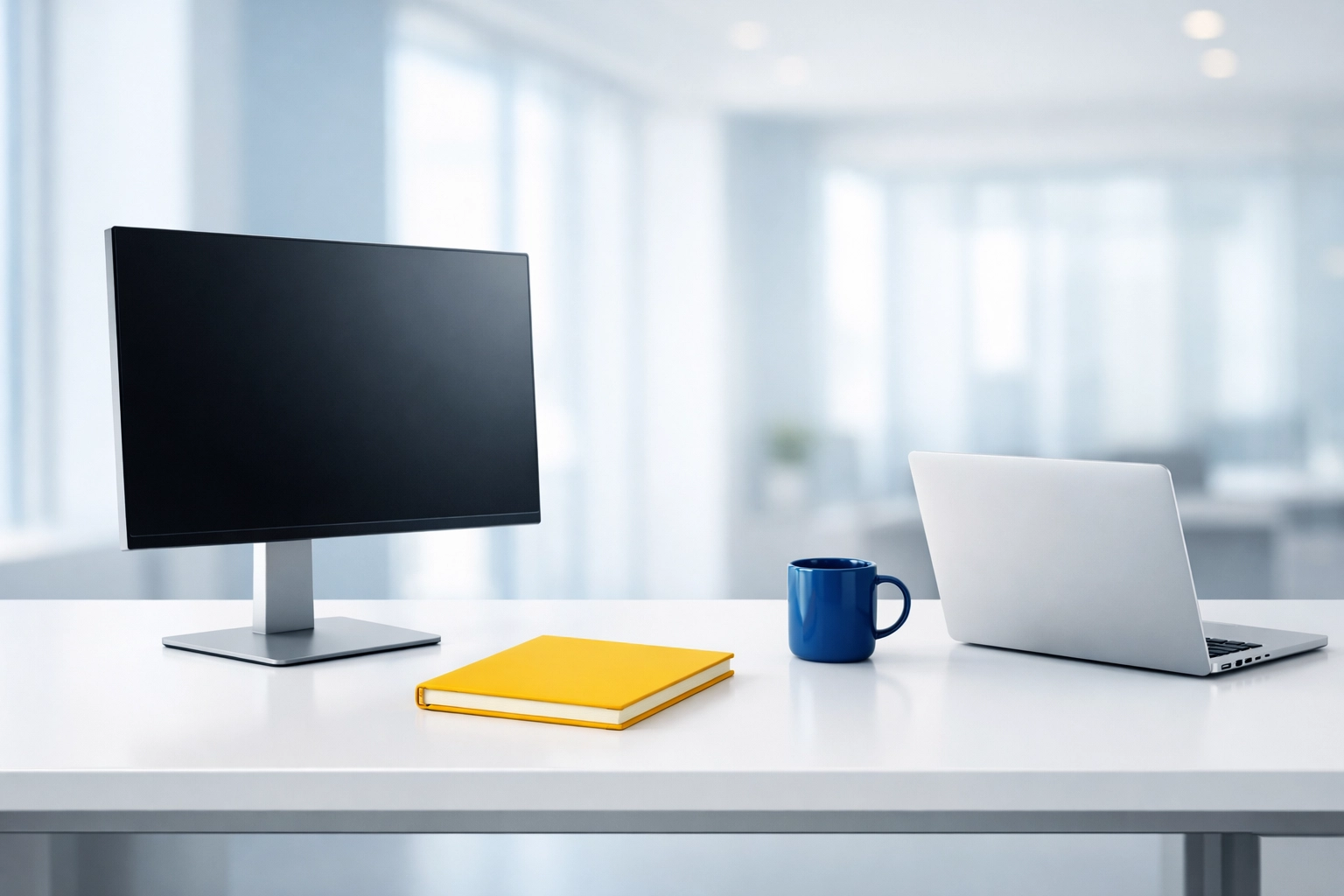 A clean, minimalist white office desk with a laptop and monitor promoting focus and productivity.