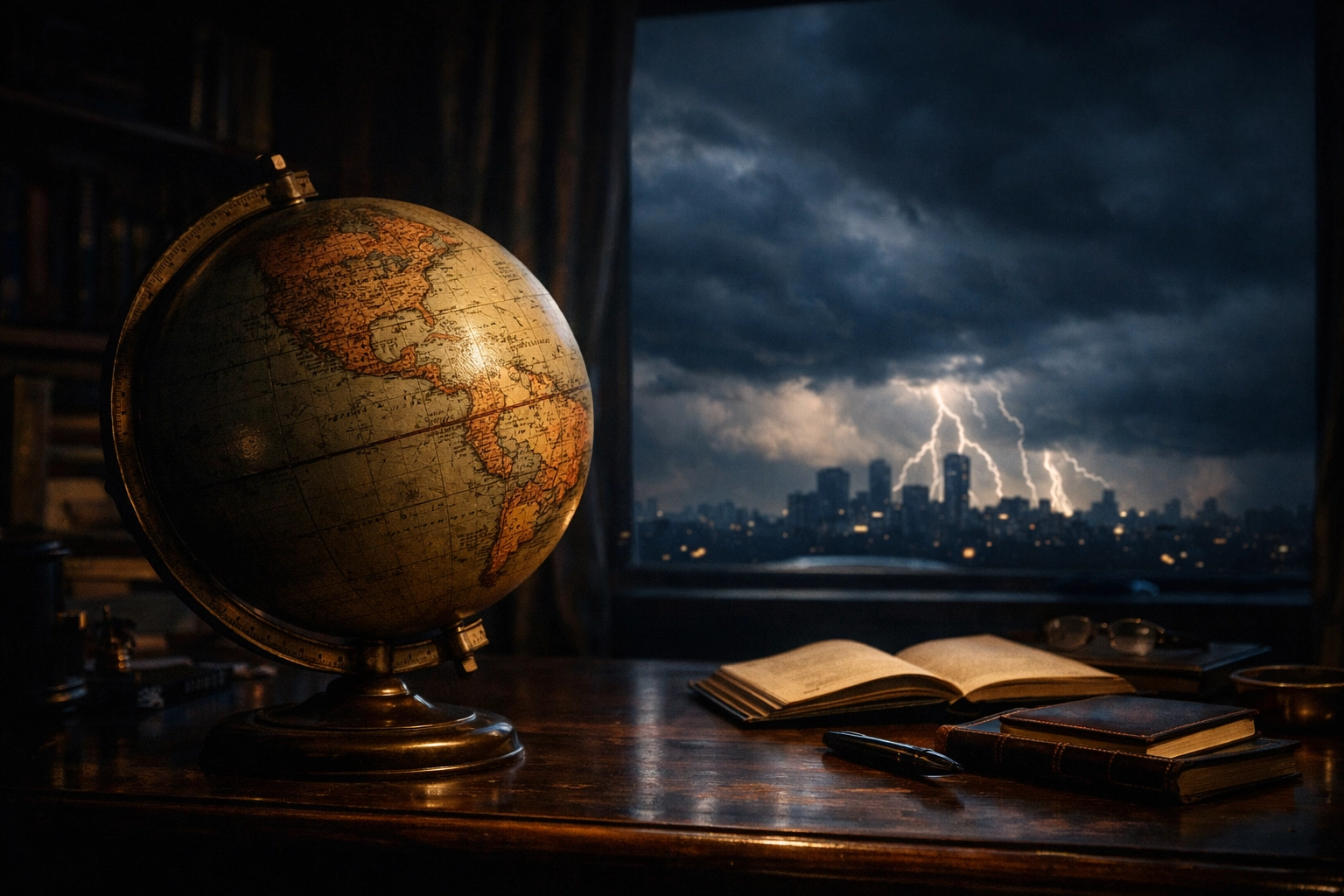 A vintage globe on a desk under a stormy sky, representing current international tensions and headlines.