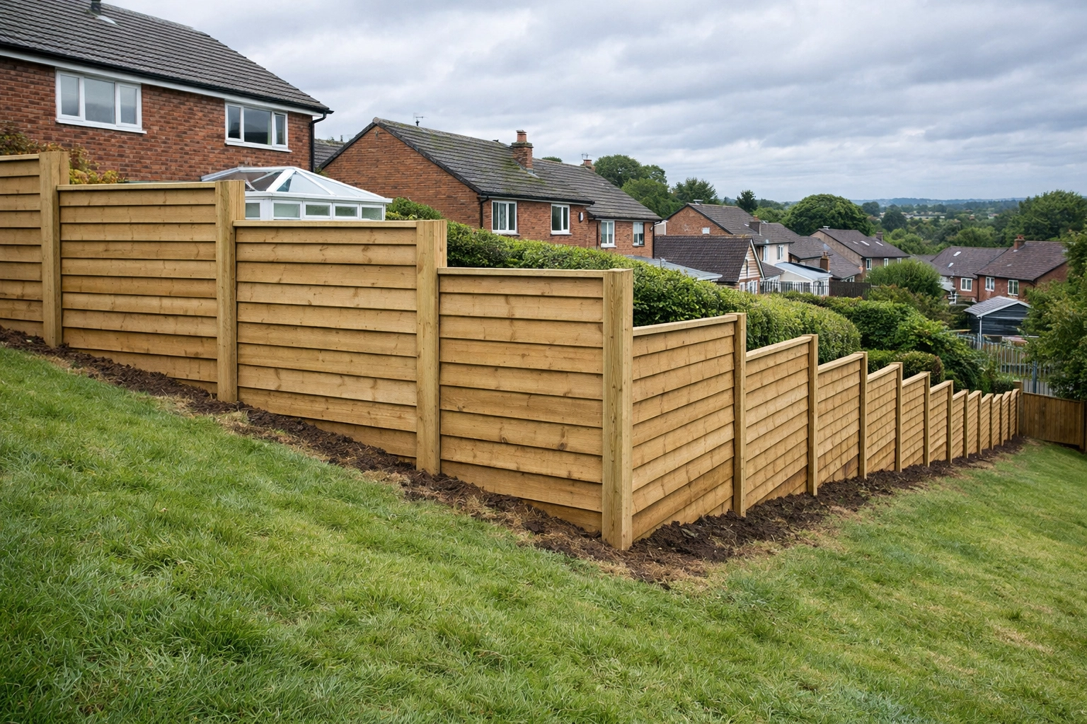 Stepped fence panels installed on sloped Manchester garden showing professional level alignment