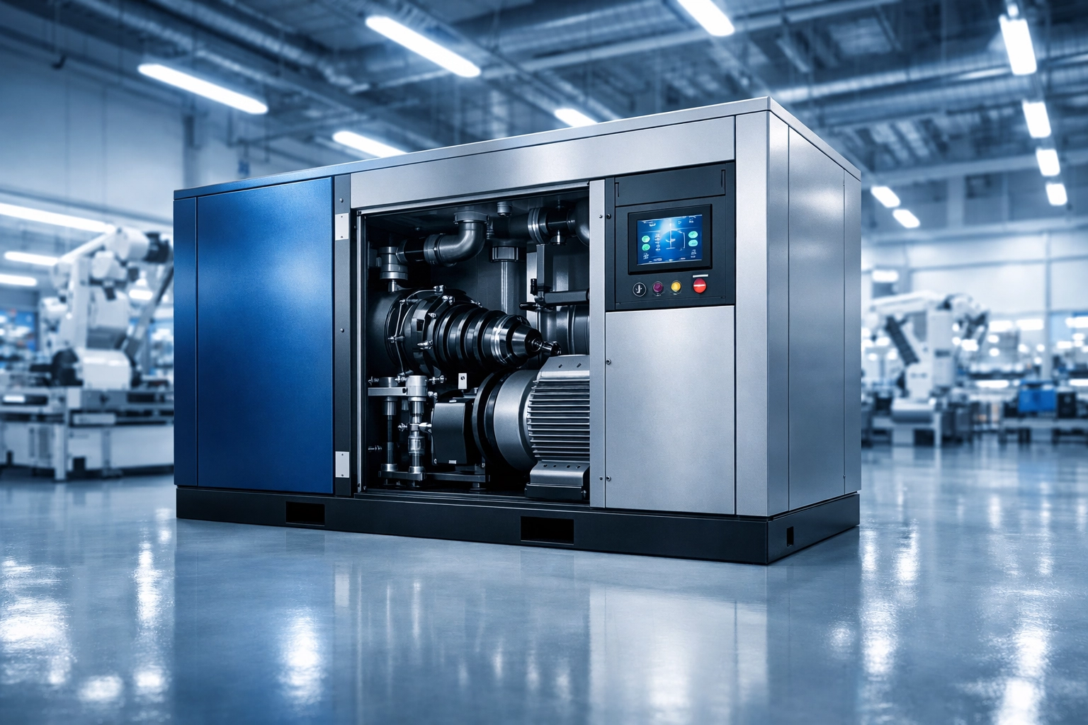 Oil-free industrial screw air compressor unit in a modern electronics factory clean-room.
