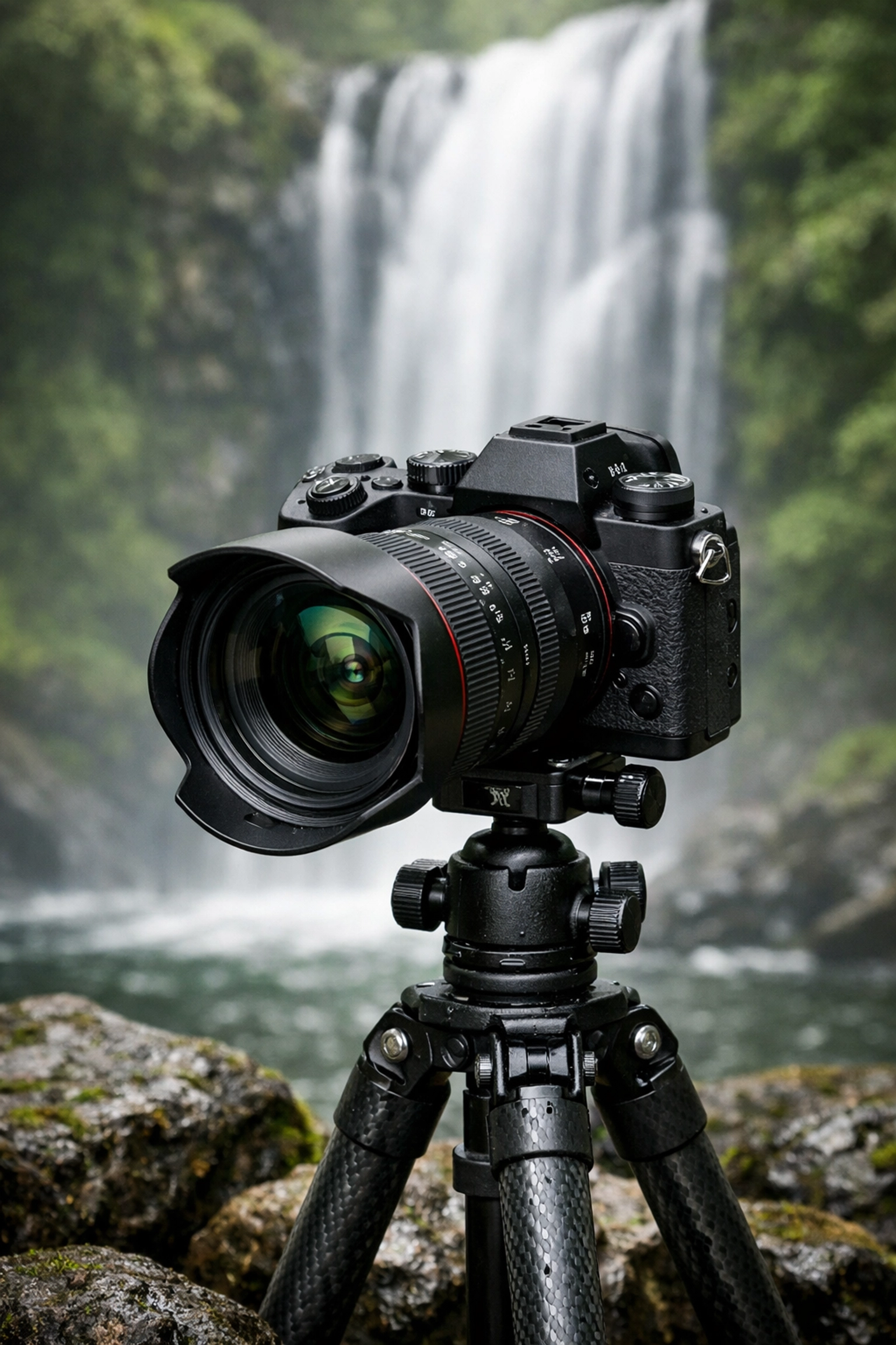 Camera gear on a tripod at a forest waterfall, one of the best photography locations for nature.