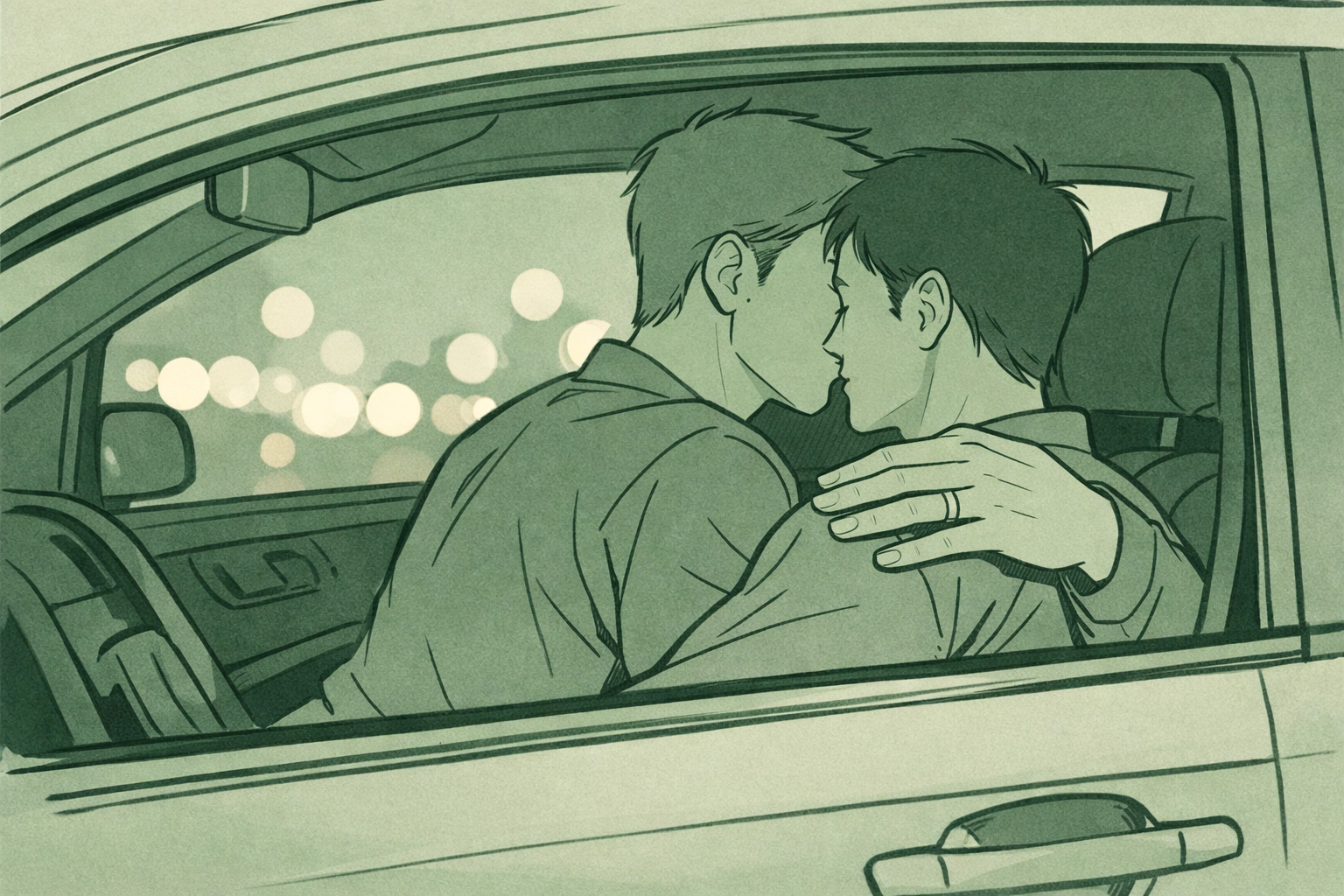 Married bisexual man embracing male lover in car at dusk - forbidden MM romance illustration