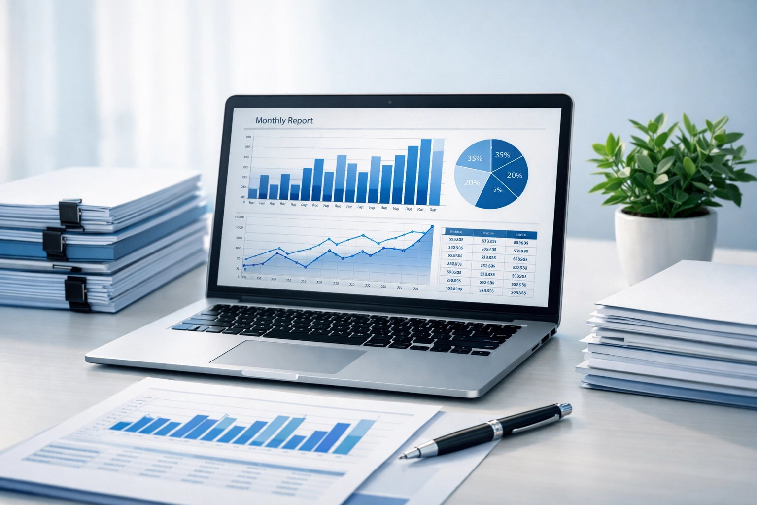 Organized workspace with accurate bookkeeping graphs