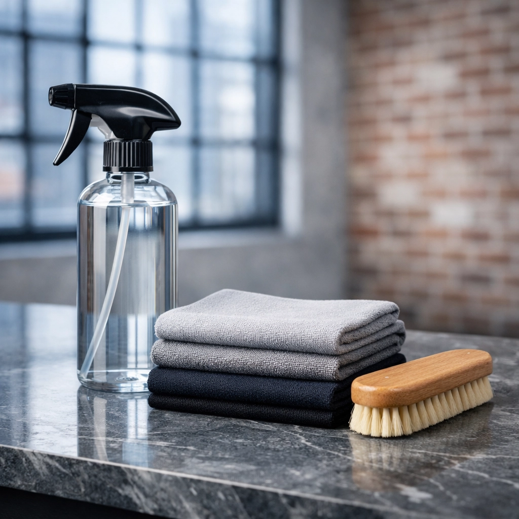 Professional cleaning tools on a marble counter in a modern Detroit loft for reliable property turnover services.