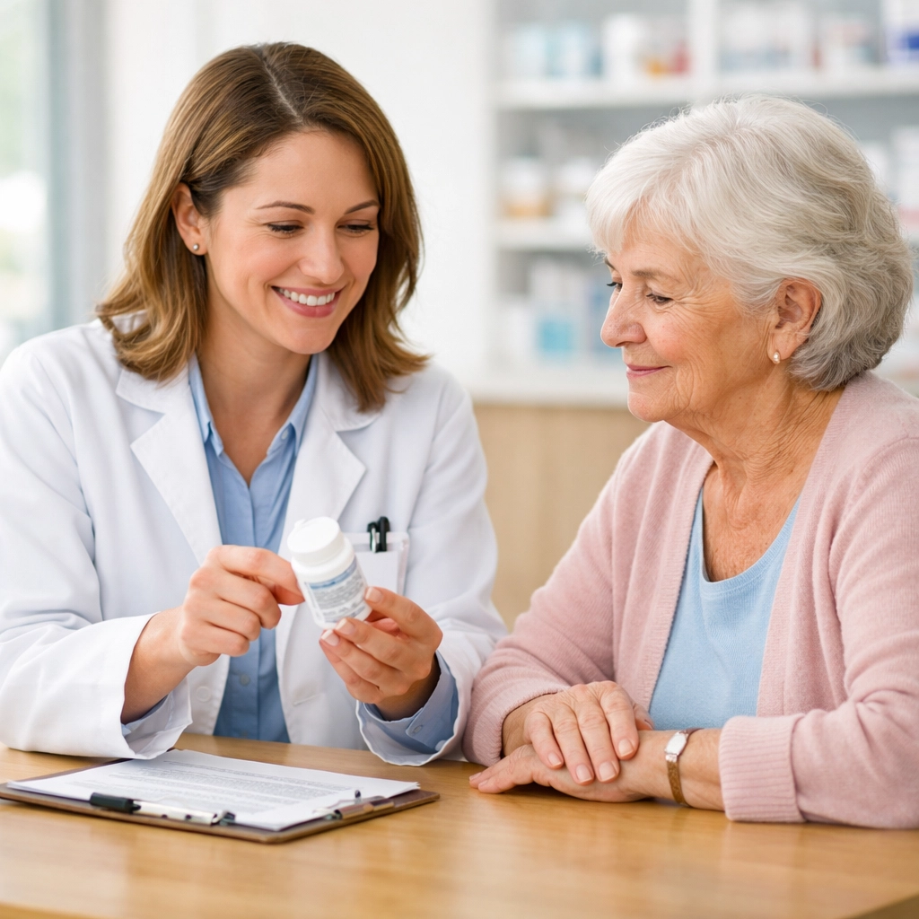 A pharmacist reviews medications with a senior to identify side effects that could increase the risk of falling.