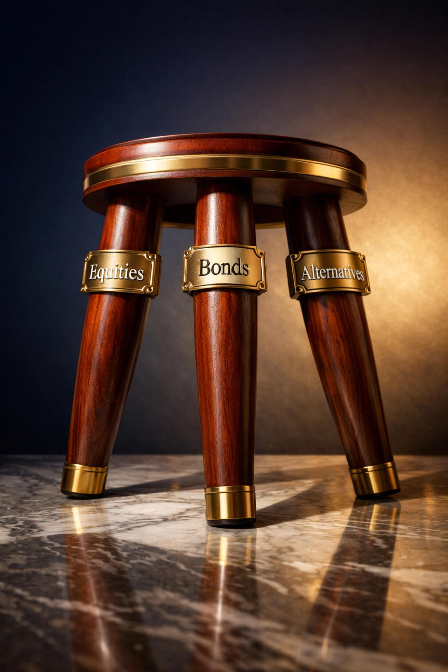 Three-legged stool illustrating 40/30/30 portfolio diversification with equities, bonds, and alternatives