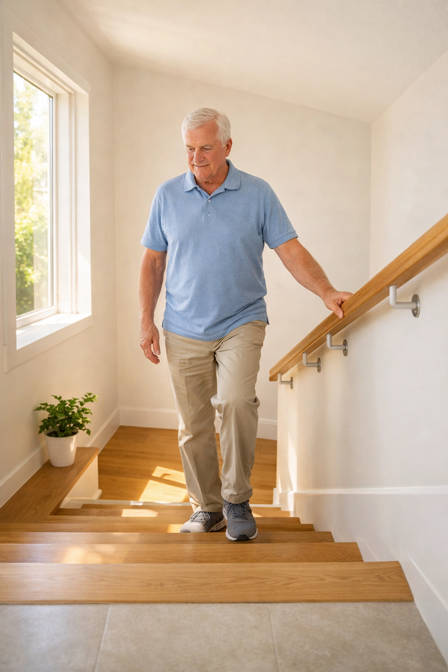 Senior man walking down a bright staircase safely using a handrail while maintaining upright posture.