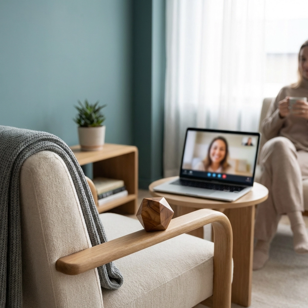 Telehealth therapy session with a cozy, neurodivergent-friendly setup, featuring a welcoming environment for trans clients.
