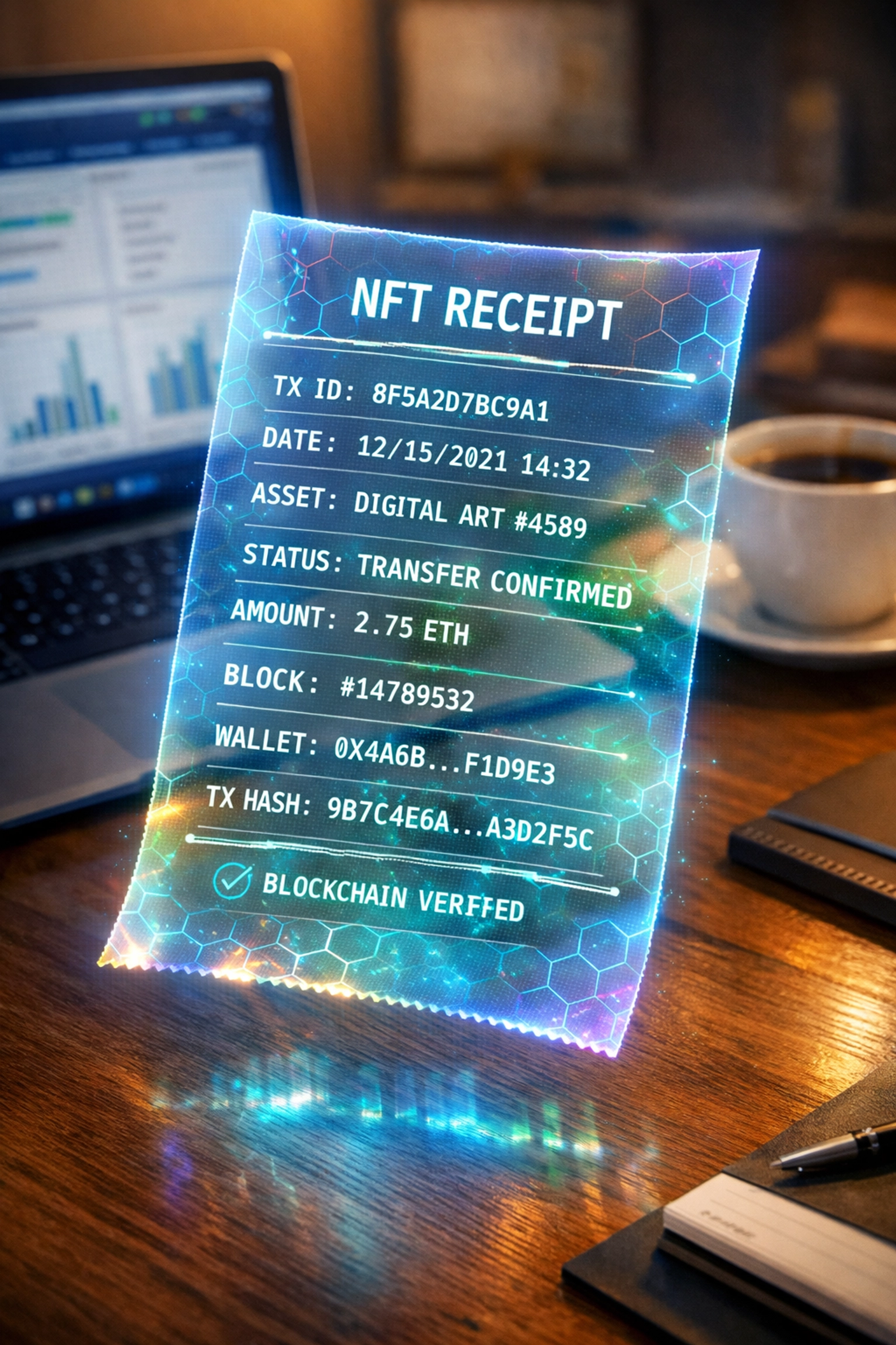 NFT receipt displaying blockchain transaction data for automated merchant accounting