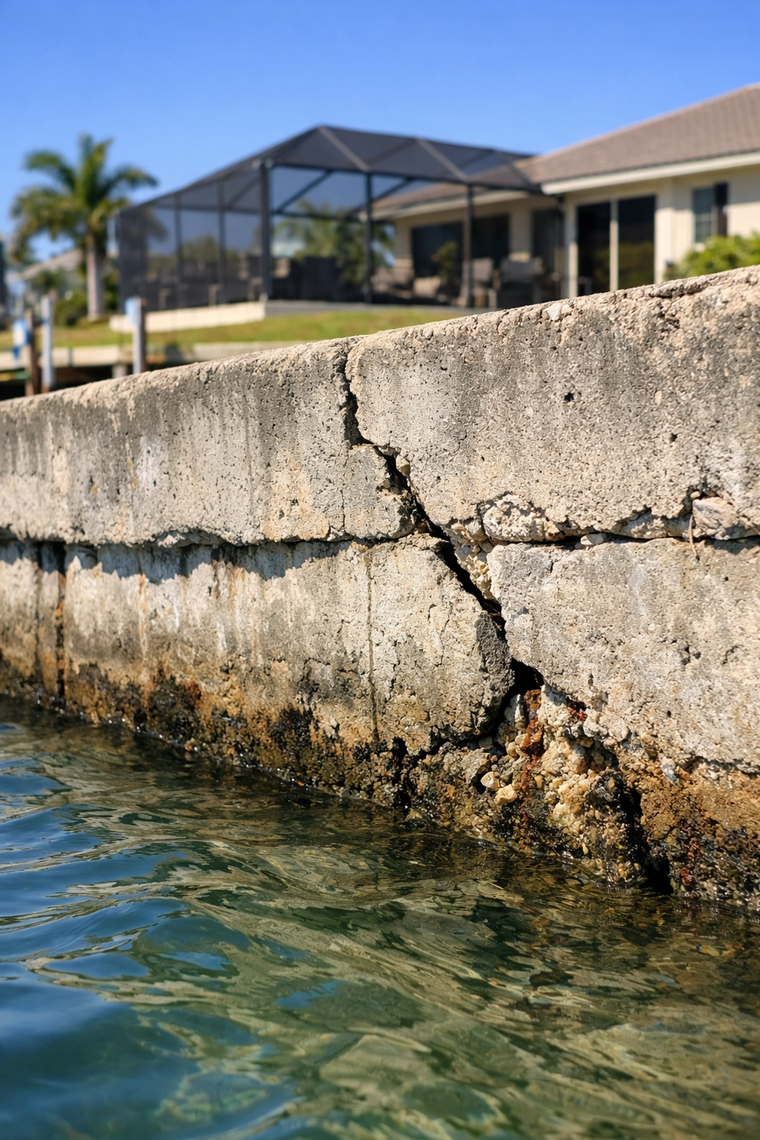 Damaged seawall along Cape Coral waterfront property showing cracks and deterioration needing repair