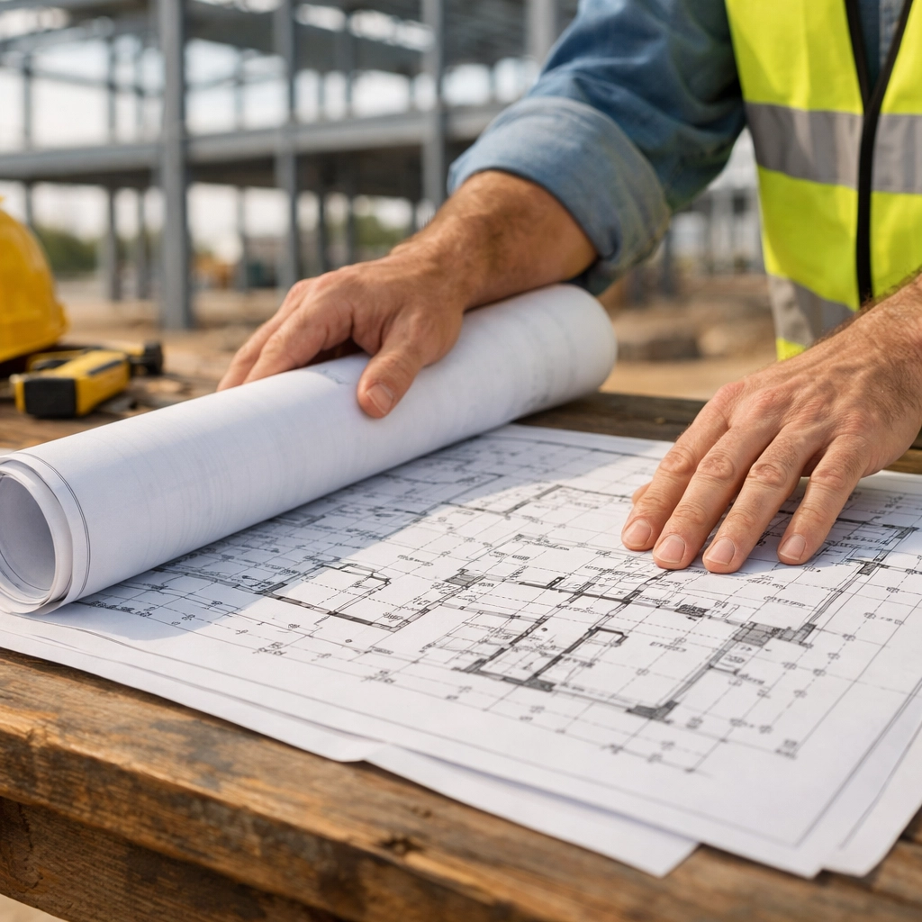 Contractor reviewing blueprints on a job site to ensure professional liability compliance.