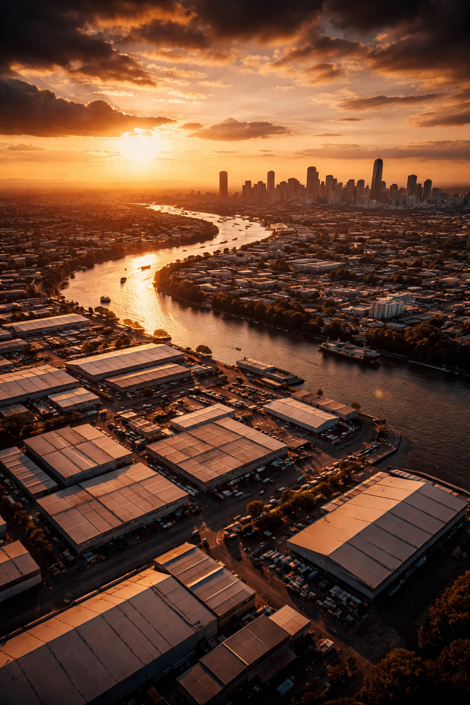 Aerial view of Brisbane's industrial suburbs and river, showcasing key areas for coffee roasting authority.