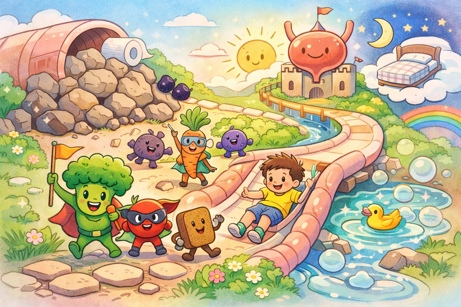 A colorful, whimsical illustration shows a smiling young boy sliding down a curved path into a sparkling stream, surrounded by cheerful, cartoon-style “superhero” foods like broccoli, a carrot with goggles, berries, and a slice of bread. In the background, a playful landscape features a sunny sky, a rainbow, a crescent moon, a cozy bed, and a friendly bladder-shaped castle, suggesting themes of health, digestion, and bedtime routines.