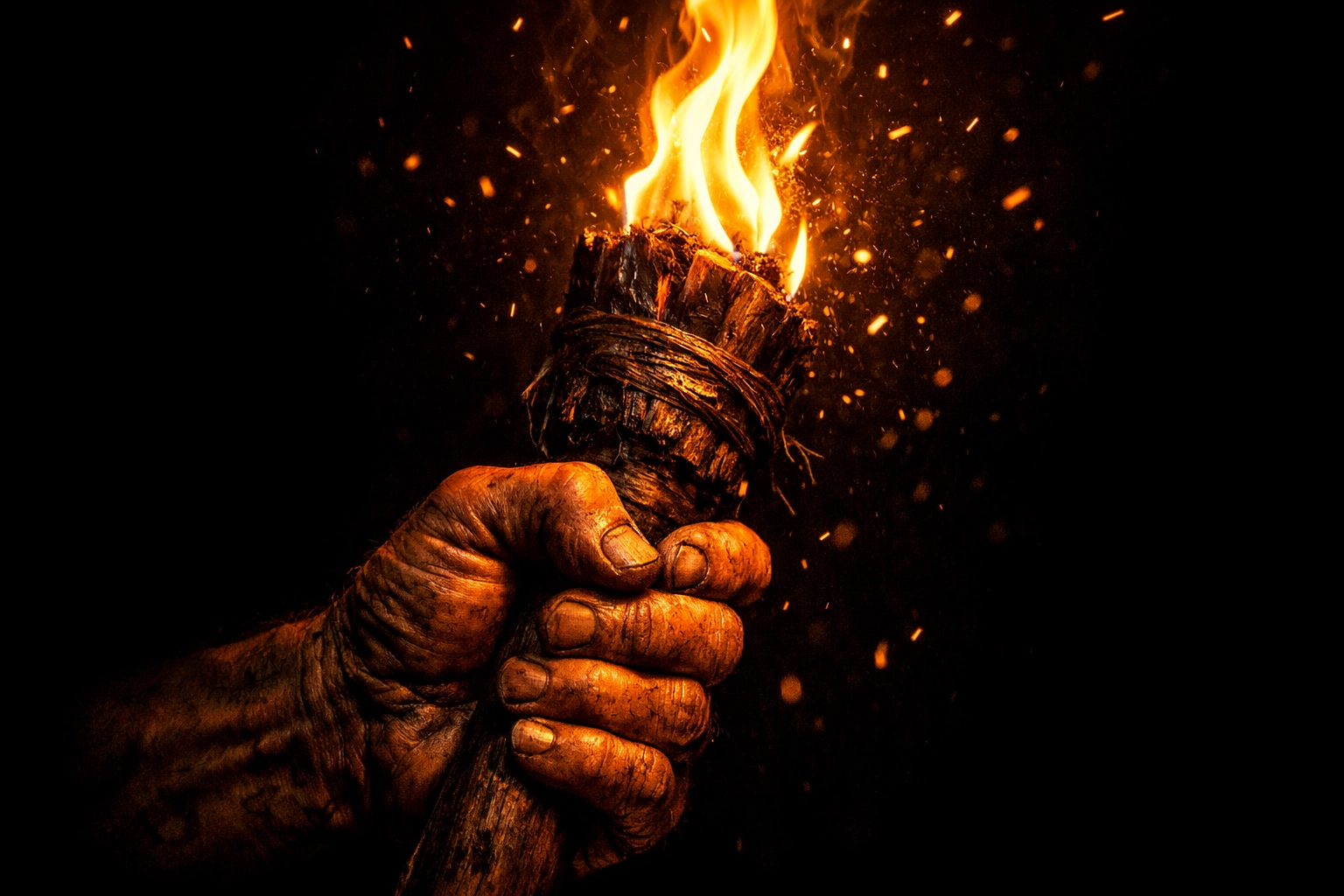 A hand holding a burning torch against a dark background, symbolizing light in the darkness and renewal.