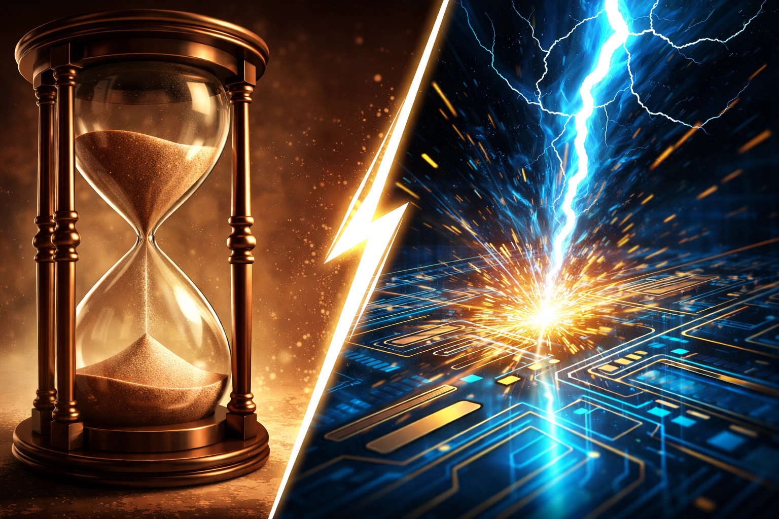 Split image of hourglass and lightning bolt showcasing faster crypto POS transaction speed with Larecoin compared to competitors.