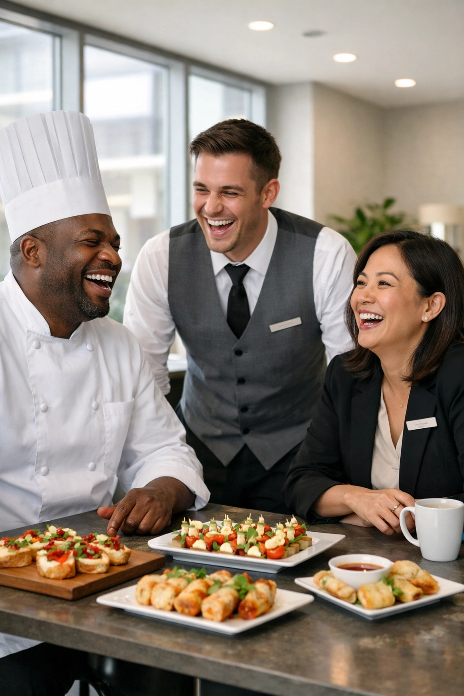 Diverse hospitality team sharing a laugh and appetizers in a modern hotel break room.