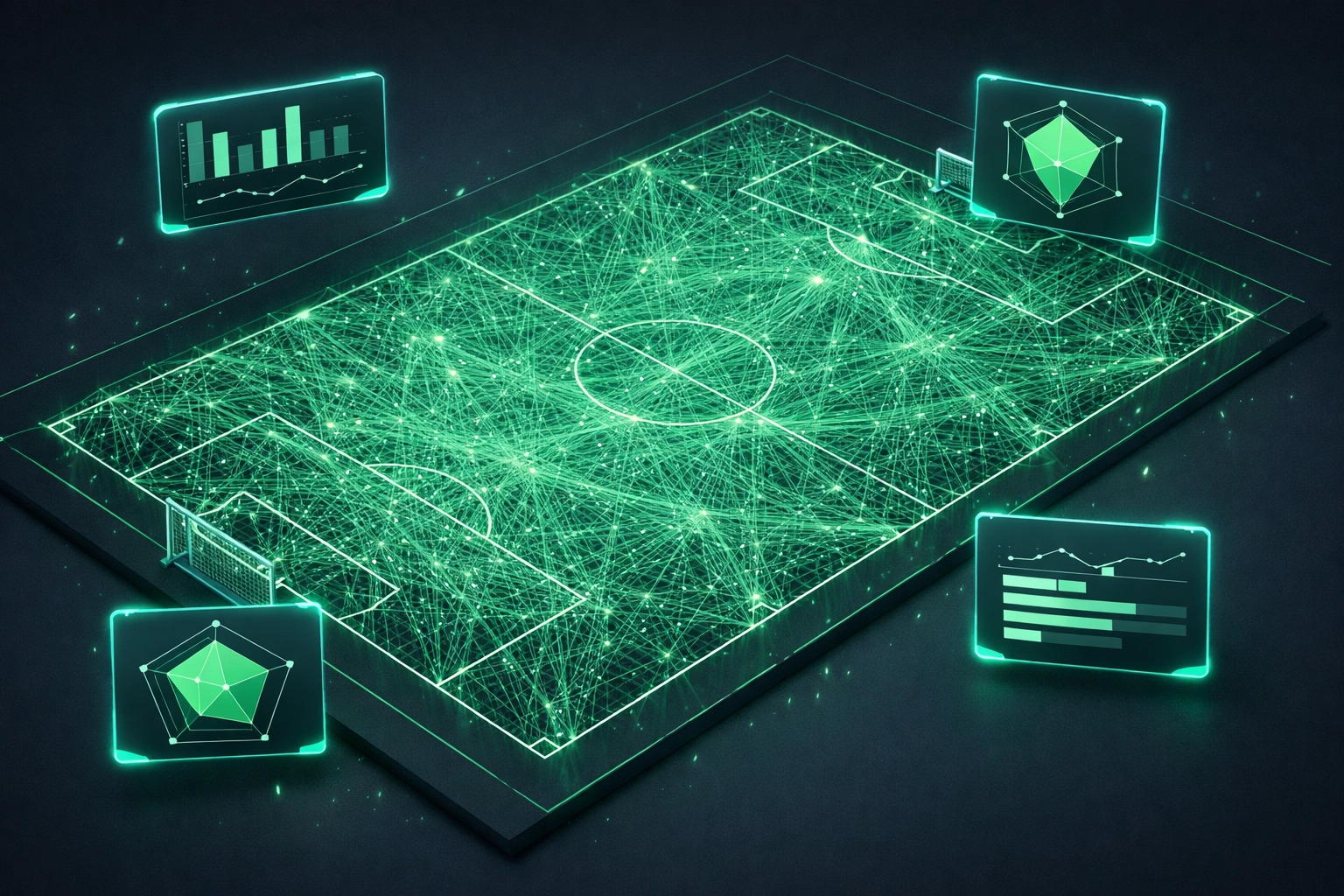 Football pitch with green trajectory lines illustrating AI predictive modelling and match simulations for value.