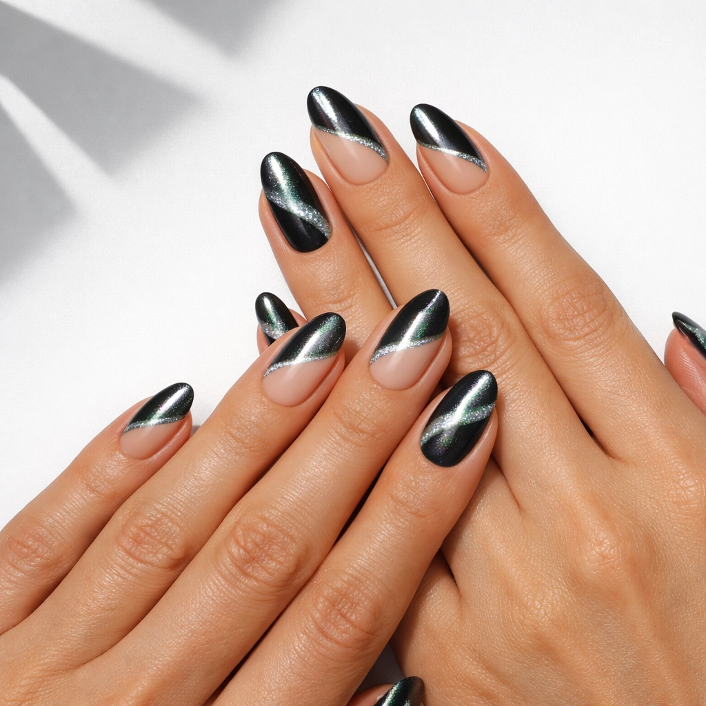 Cat-eye chrome gel nails with magnetic shimmer and matte negative space design