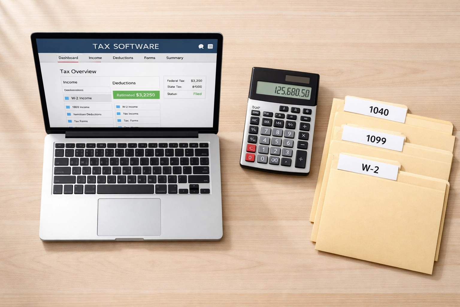 Tax preparer workspace with laptop, calculator, and tax forms for ERO service bureau