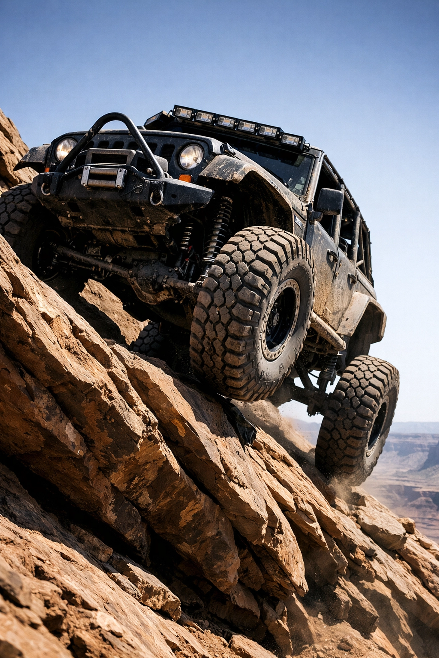Modified 4x4 vehicle testing suspension articulation on a rocky Utah trail to prove off-road expertise.