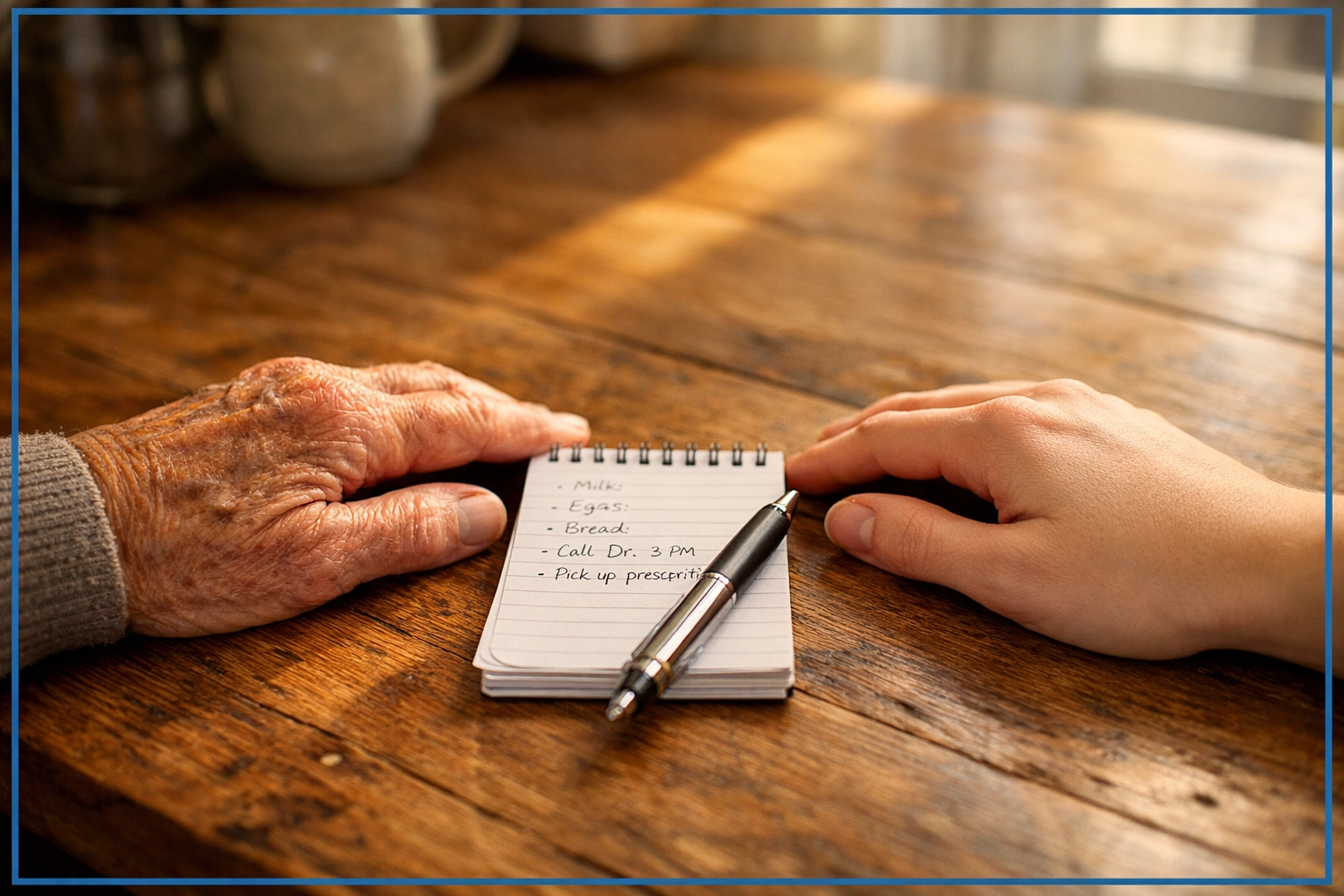 Adult child and aging parent's hands together planning home transition with respect and care Adult child and aging parent's hands together planning home transition with respect and care
