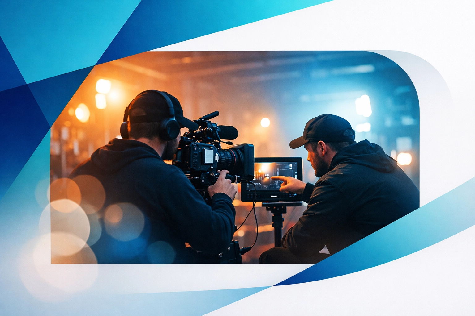 Video production crew collaborating on set in Saskatoon with professional lighting equipment