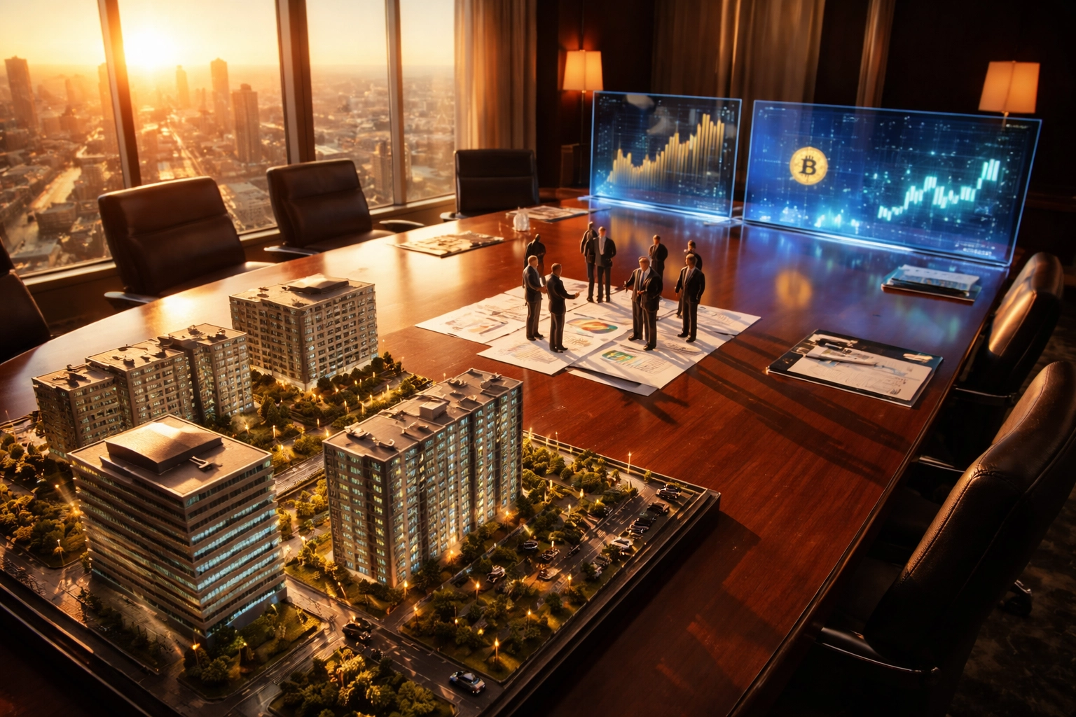 Institutional investors strategizing real estate, private equity, and crypto allocations in a boardroom setting.