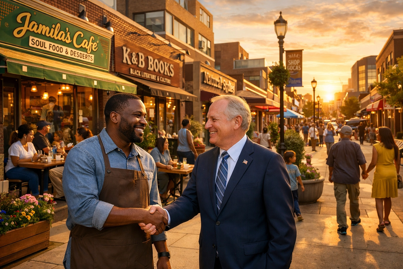 From Ancient Kemet to Modern Moguls: 5 Things Happening Right Now in Black Business (January 30, 2026) Black business owner partnering with city official in thriving commercial district supporting local economy