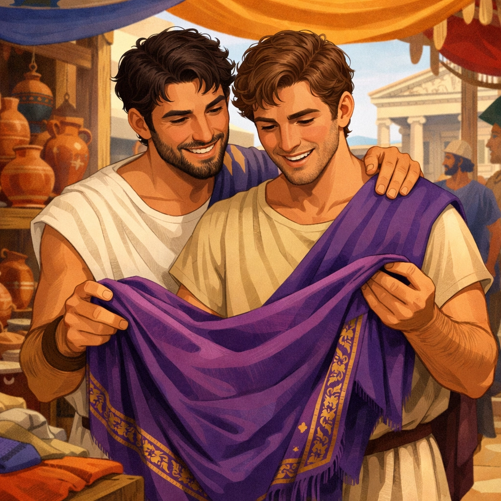 Same-sex couple in Ancient Greece choosing a fine textile gift for their matriarch at a marketplace.