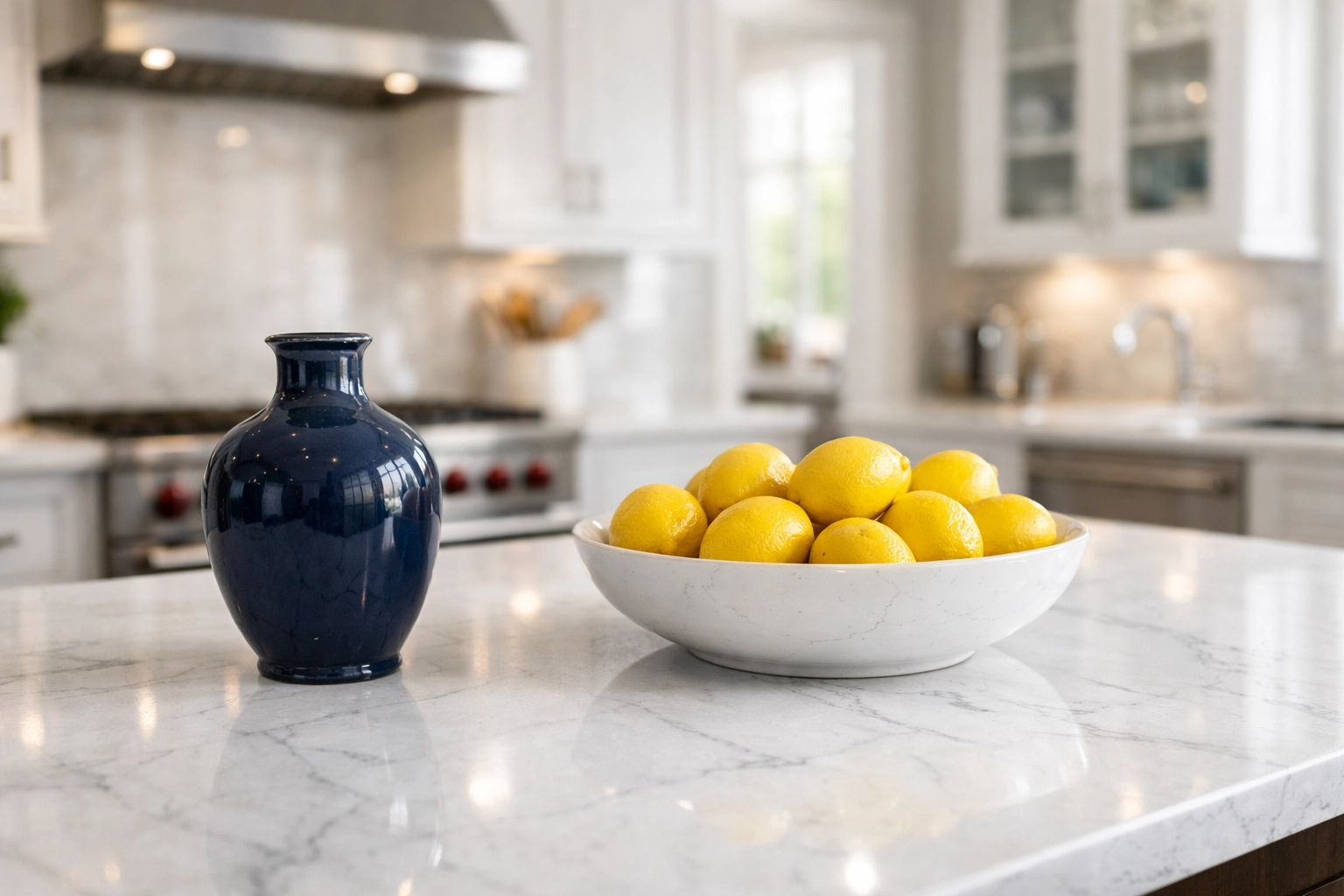 Guest-ready luxury kitchen island with quartz countertops after professional luxury house cleaning in Duxbury.