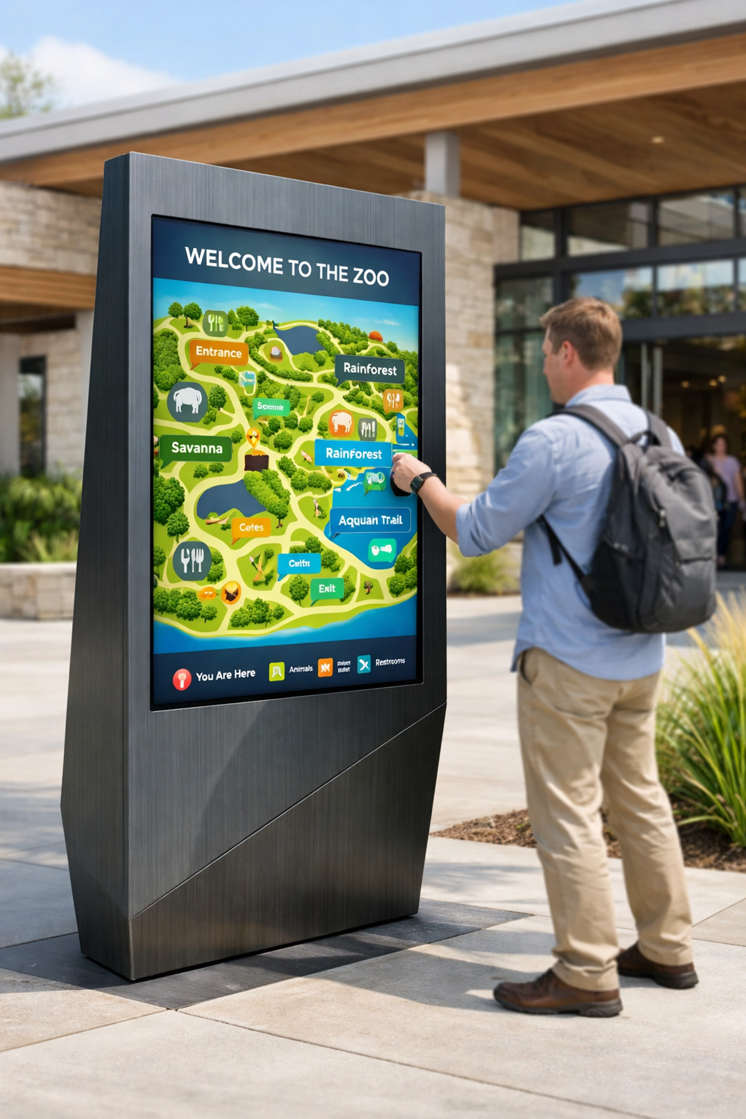 Interactive digital kiosk at a zoo entrance featuring a touch-screen park map for smart guest wayfinding.