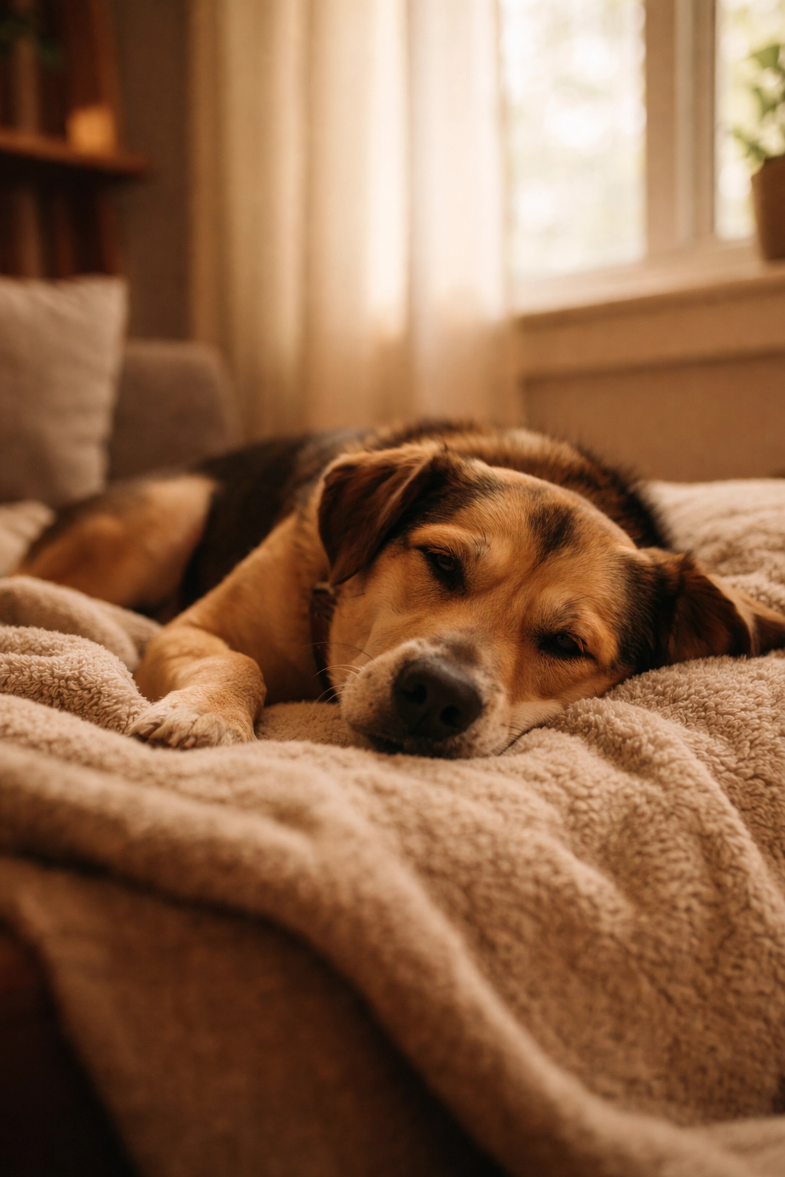 Rescue dog resting peacefully on a blanket during the decompression period after adoption