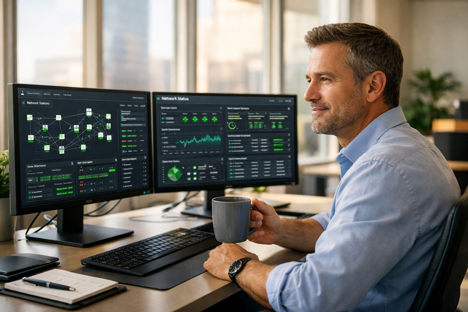 ServiceNow implementation partner expert monitoring ITOM data and network performance in a modern office.