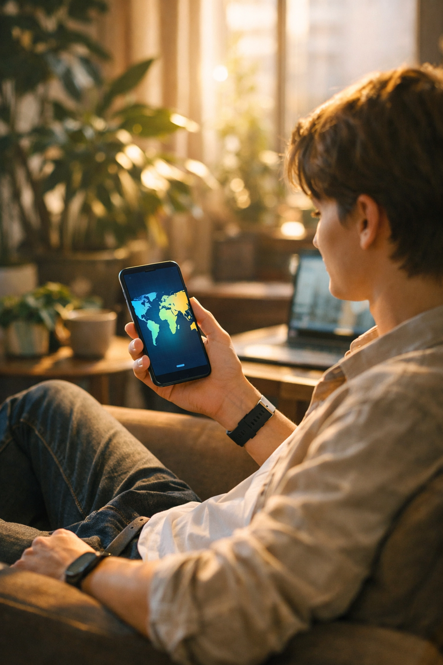 Investor checking a global stock market map on a smartphone to manage international investments.