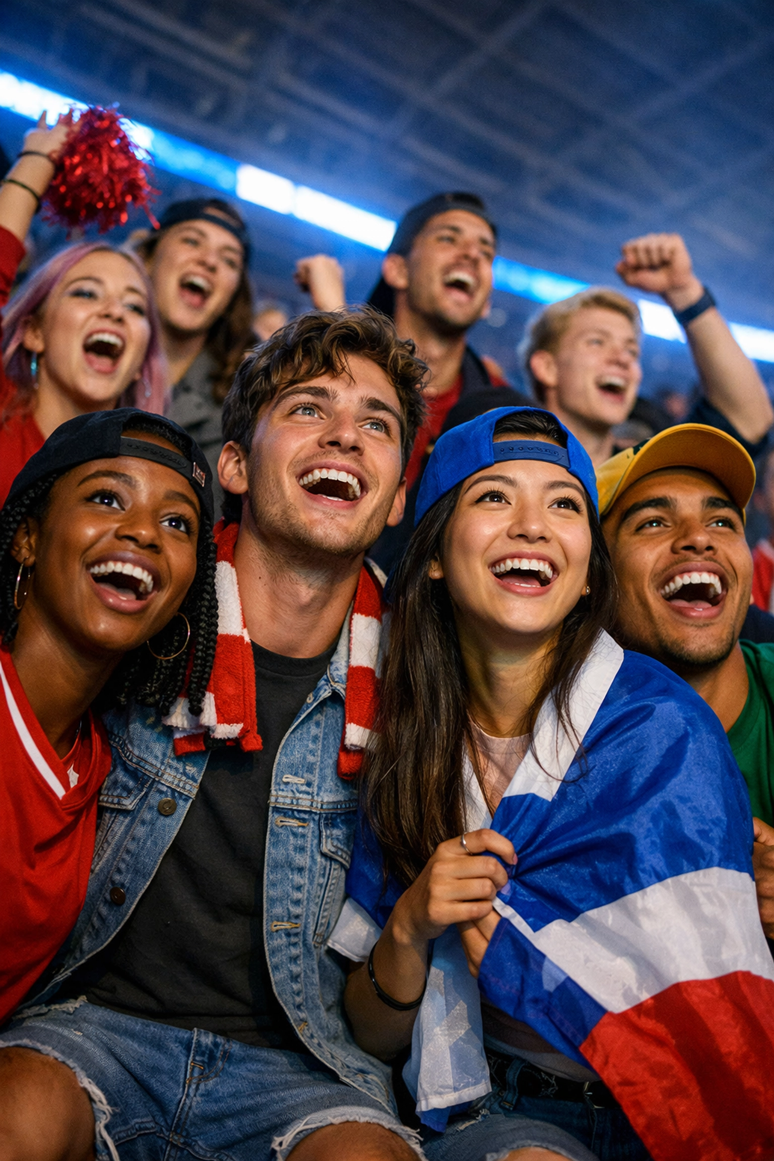 Gen Z sports fans at stadium engaged with digital signage and NIL content