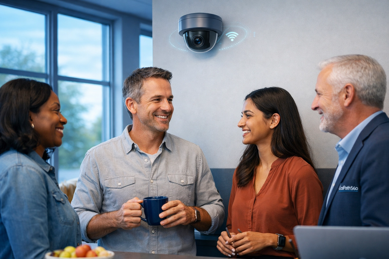 Michigan office employees with visible security camera demonstrating workplace safety and privacy transparency