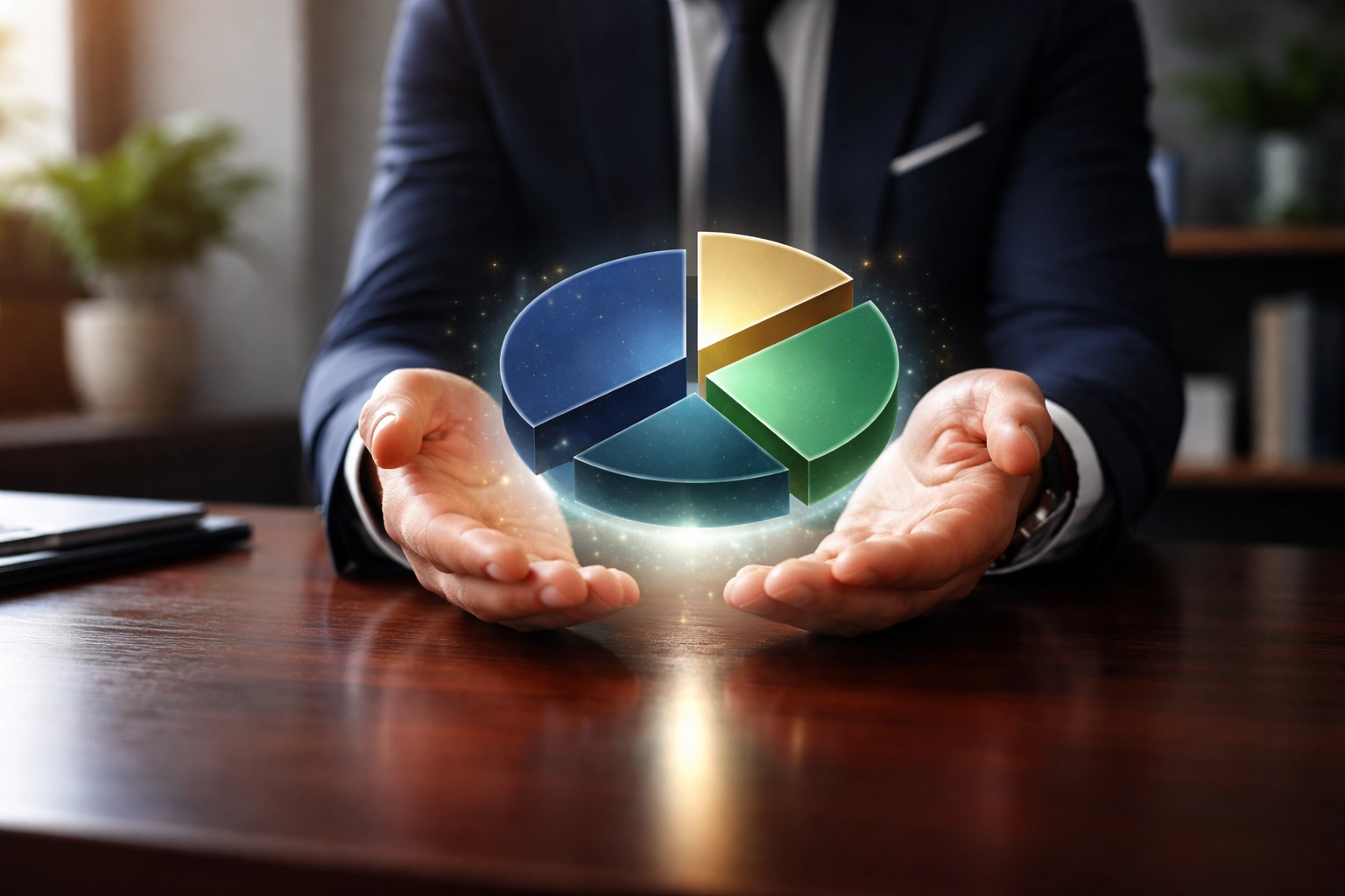 Close-up of hands holding a glowing pie chart illustrating the 40/30/30 portfolio allocation strategy.