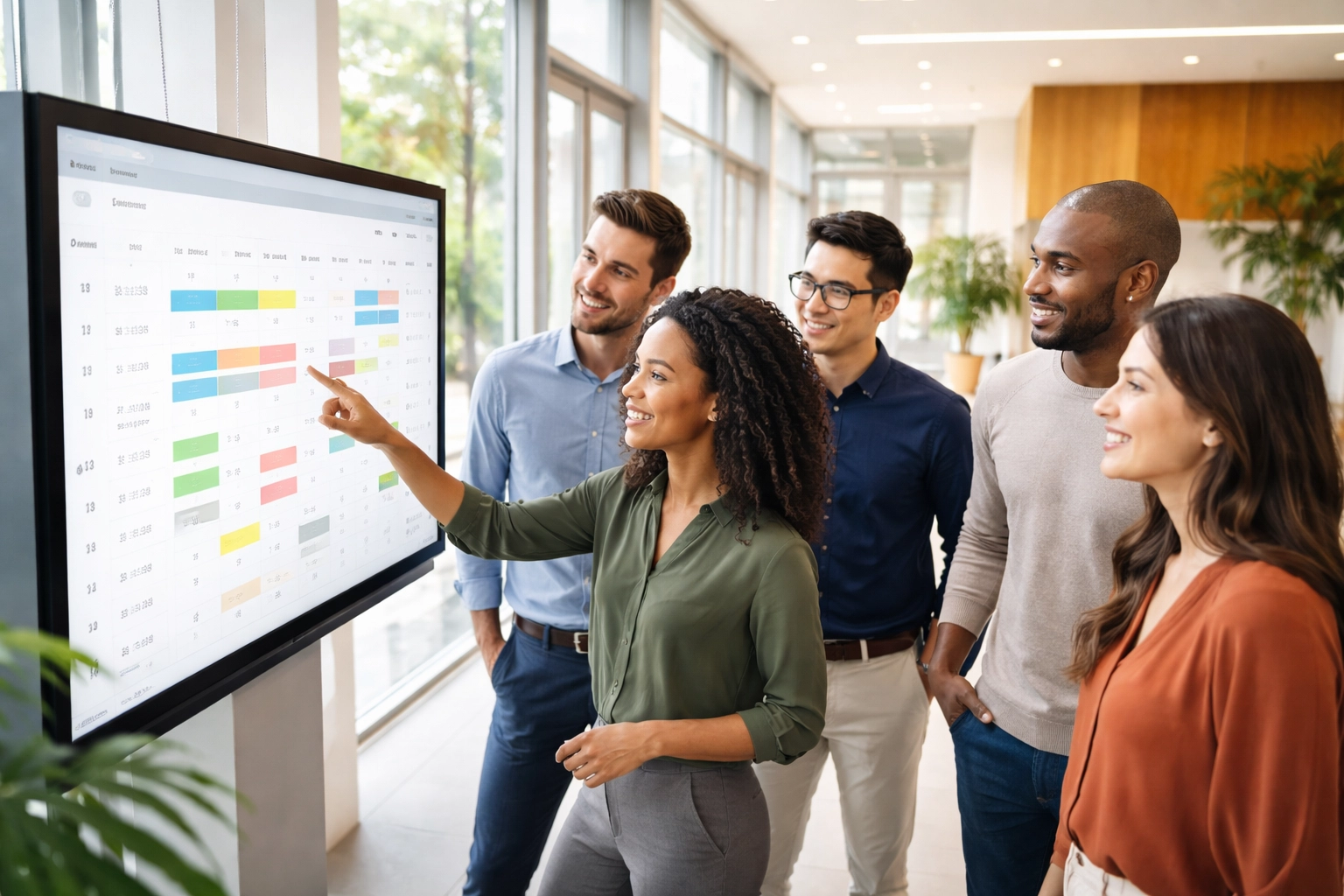 Employees collaborating at a large touchscreen calendar, showcasing ServiceNow Employee Center appointment booking.
