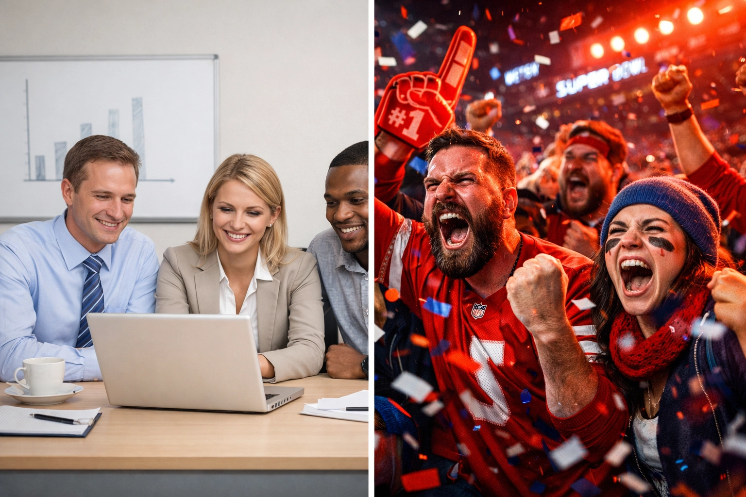 Comparison showing bland marketing versus authentic Super Bowl fan engagement and brand polarization