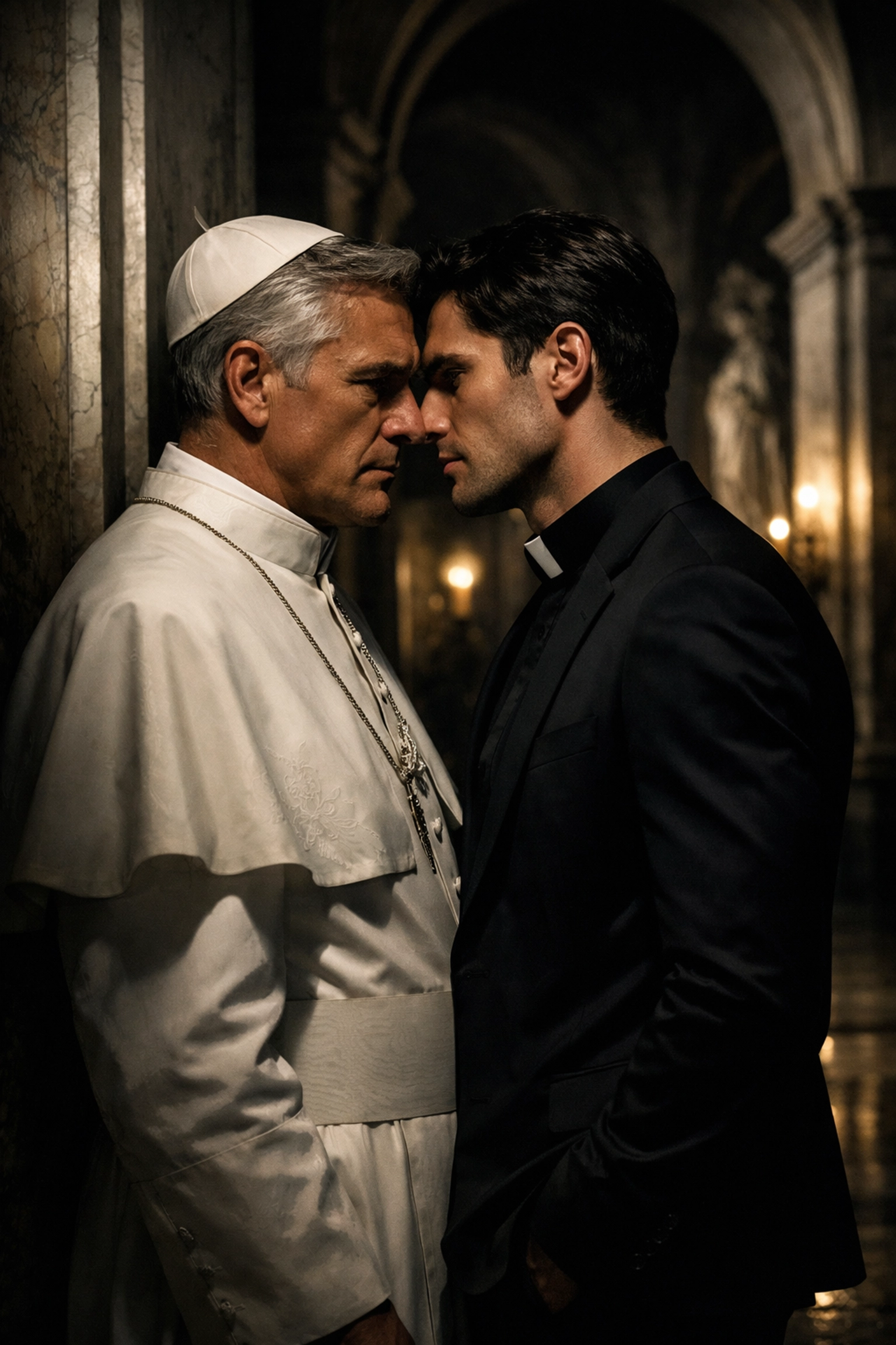 Secret MM romance encounter between a priest and his protege in a grand Vatican corridor.