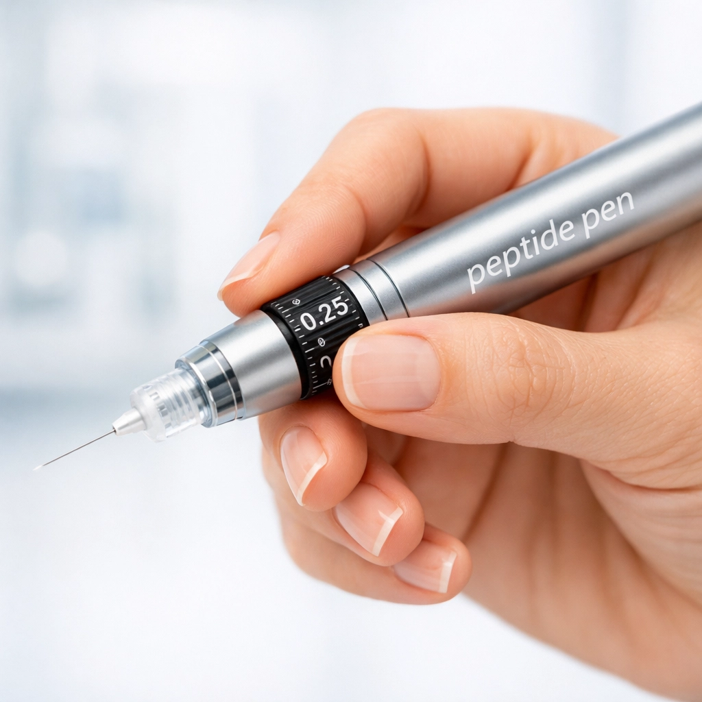 Close-up of an ergonomic grip on a peptide pen dial for precise research administration.