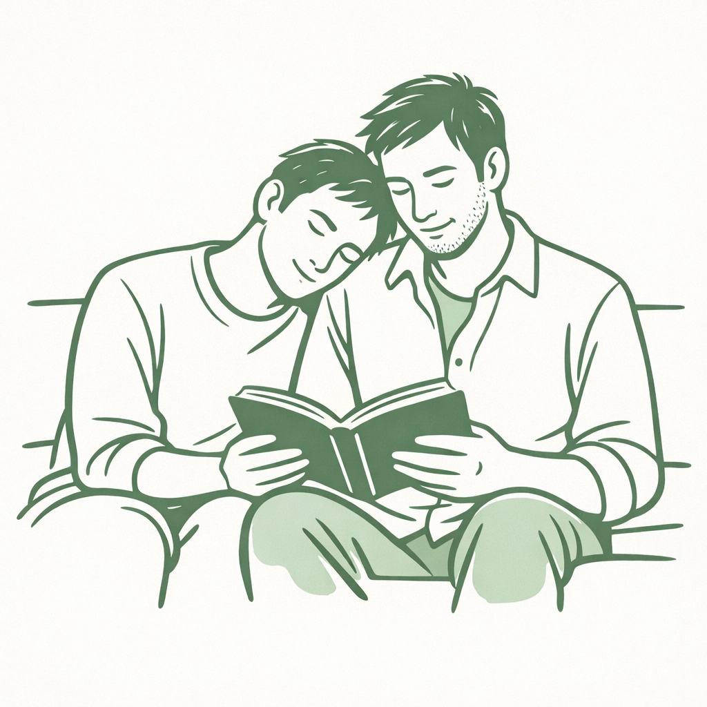 Two men reading together in a quiet moment of support and community within a gay book club setting.